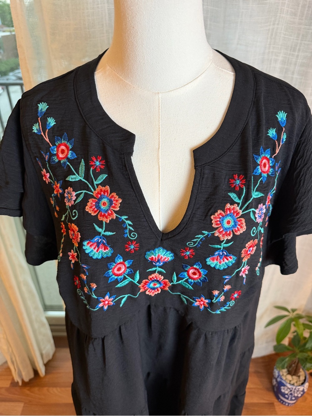 BloomChic Black Tiered Midi Dress with Colorful Floral Embroidery - Picture 3 of 7